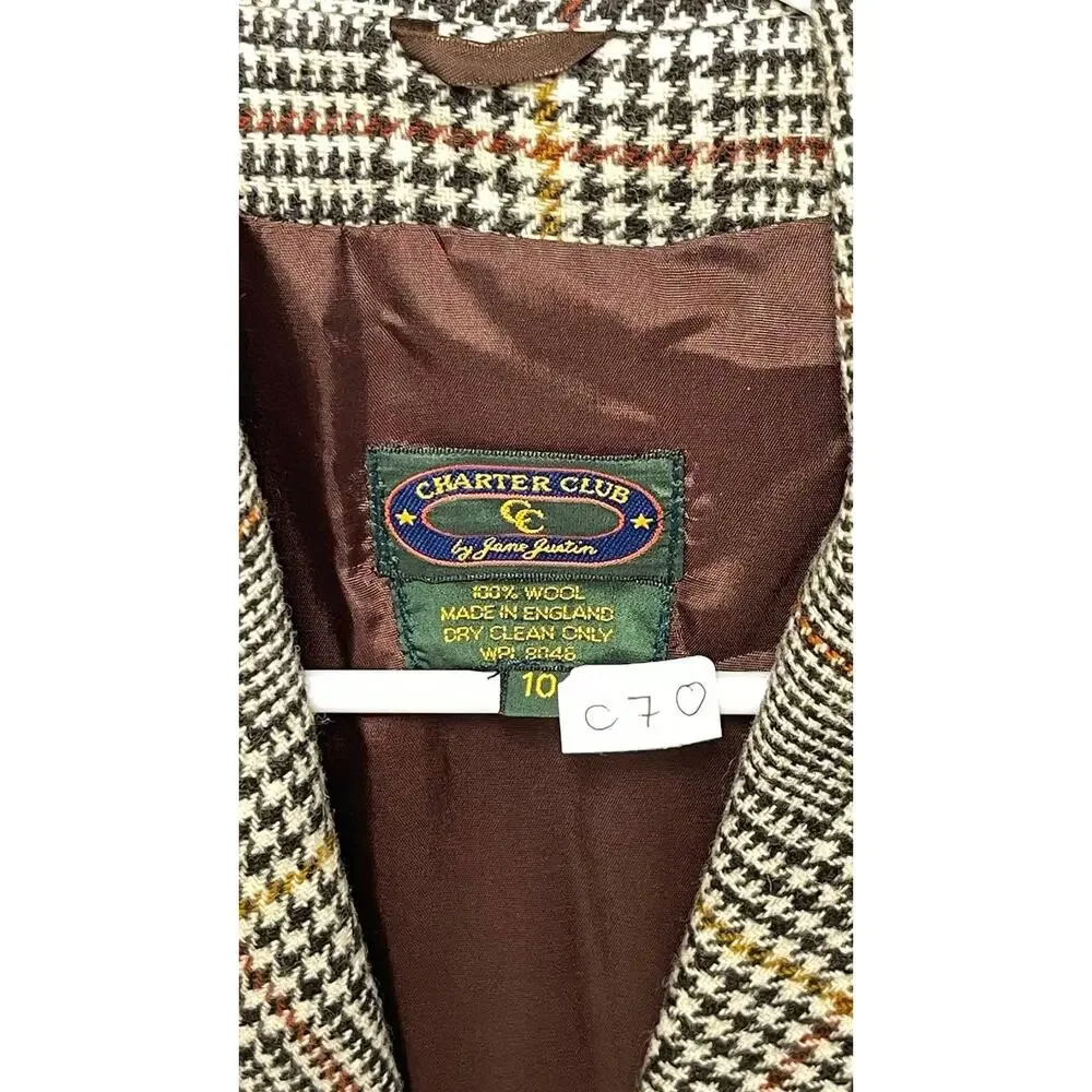 Charter Club 100 Wool Brown Plaid Blazer Prince of Wales Sz 10 Preppy‎ Academia